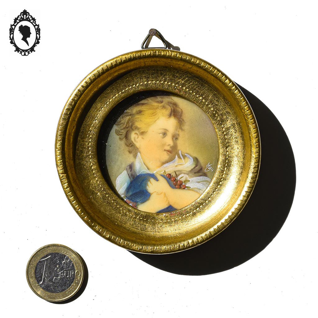 Petit cadre miniature portrait Enfant aux cerises Fragonard sur ivoire signé ancien