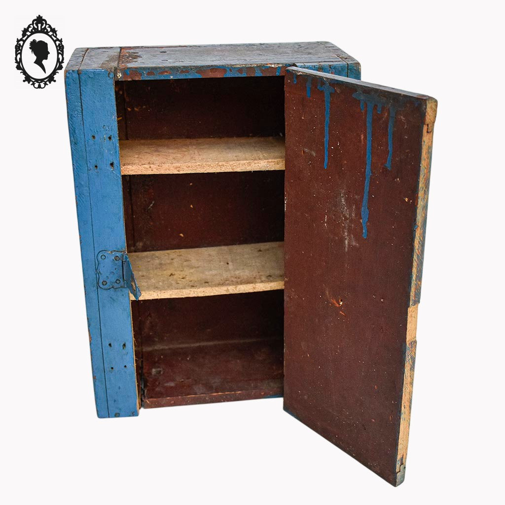 Petite armoire jouet dînette enfant bois peint en bleu vintage H 33 cm vintage