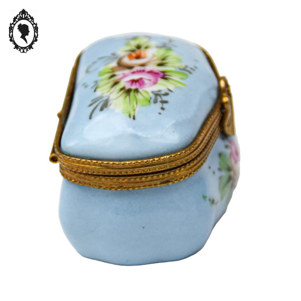 Pilulier boite romantique bleue fleurie dorée porcelaine vintage
