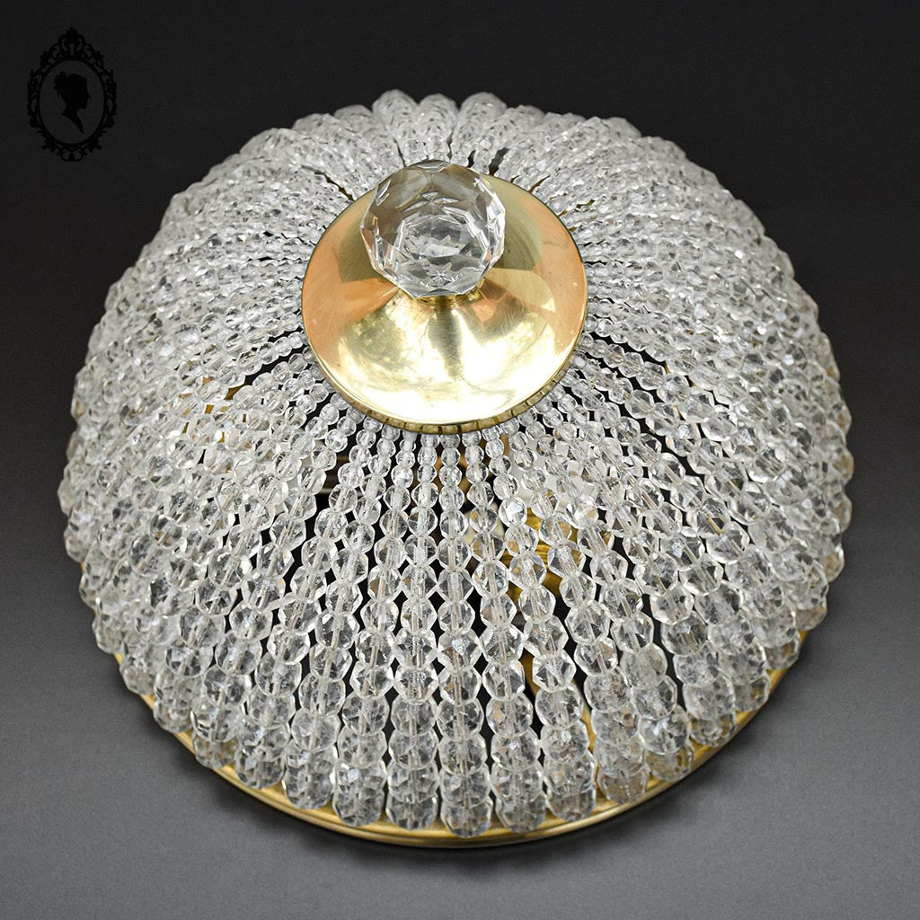 Plafonnier lustre art déco guirlandes de perles pointe diamant cristal laiton ancien