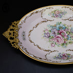 Romantique plat ovale fleuri porcelaine de Limoges rose poignées laiton Burroughs ancien