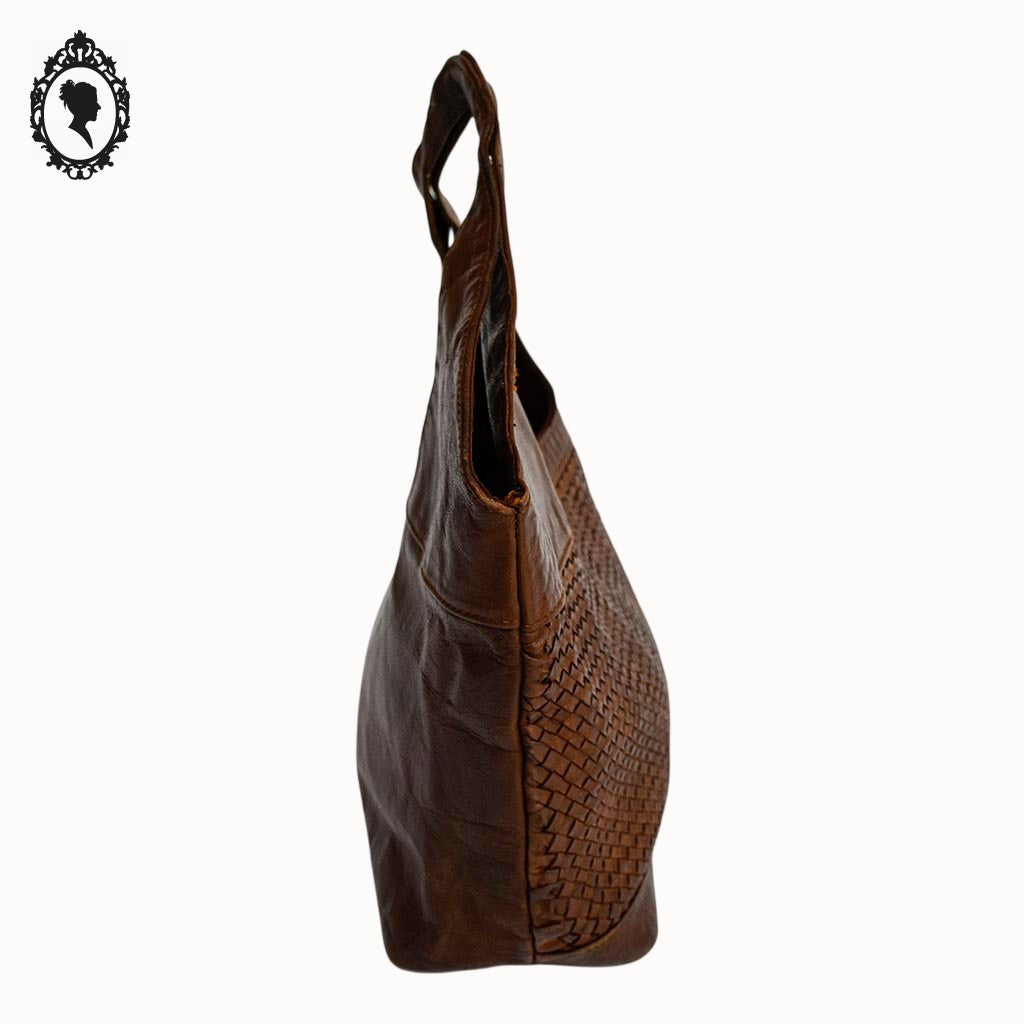 Sac cabas cuir cognac marron devant tressé vintage