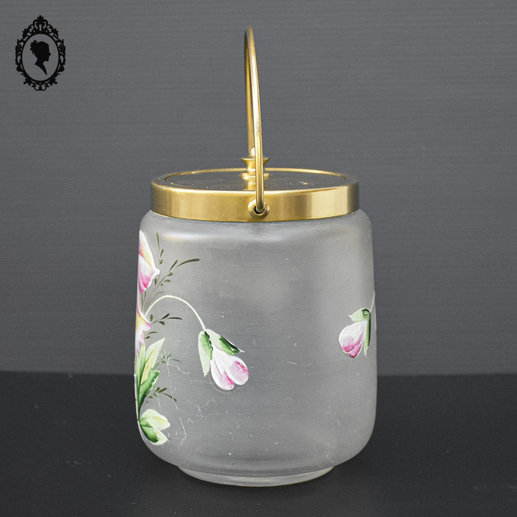 Sceau pot à biscuits verre mat fleur émaillée rose jaune vert ancien art nouveau