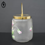 Sceau pot à biscuits verre mat fleur émaillée rose jaune vert ancien art nouveau