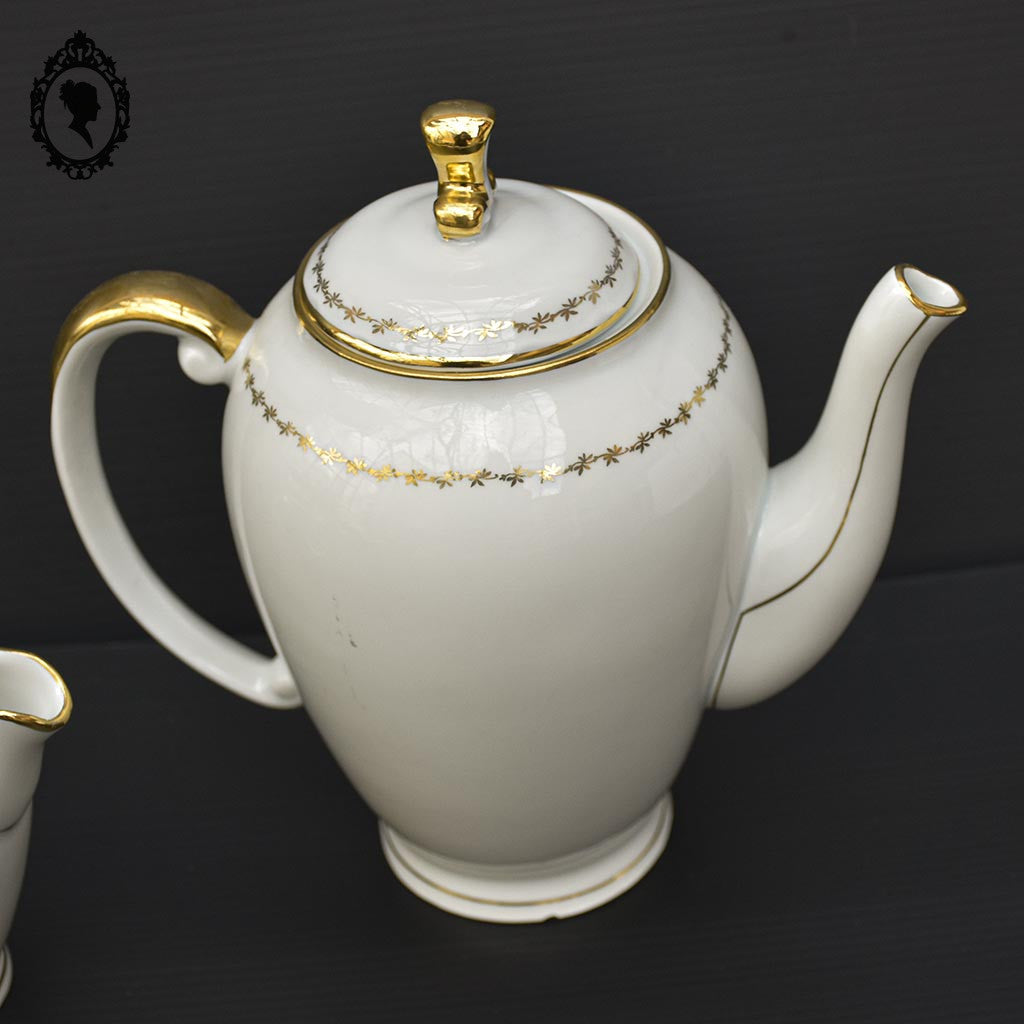 Service 12 tasses à café ou thé pot théière sucrier porcelaine S.E.R. Sélection France blanc doré