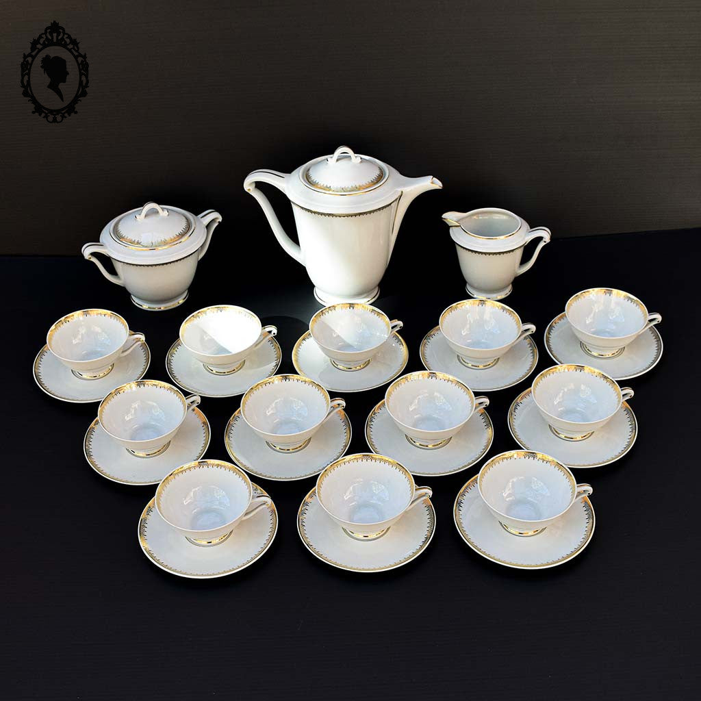 Service 12 tasses à café pots cafetière sucrier porcelaine fine UC Limoges blanc doré