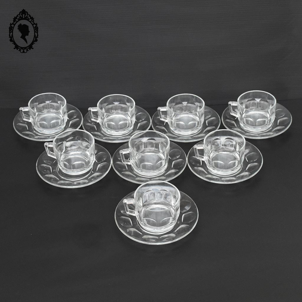 Service 8 tasses et sous tasses à café Arcopal France verre blanc transparent vintage