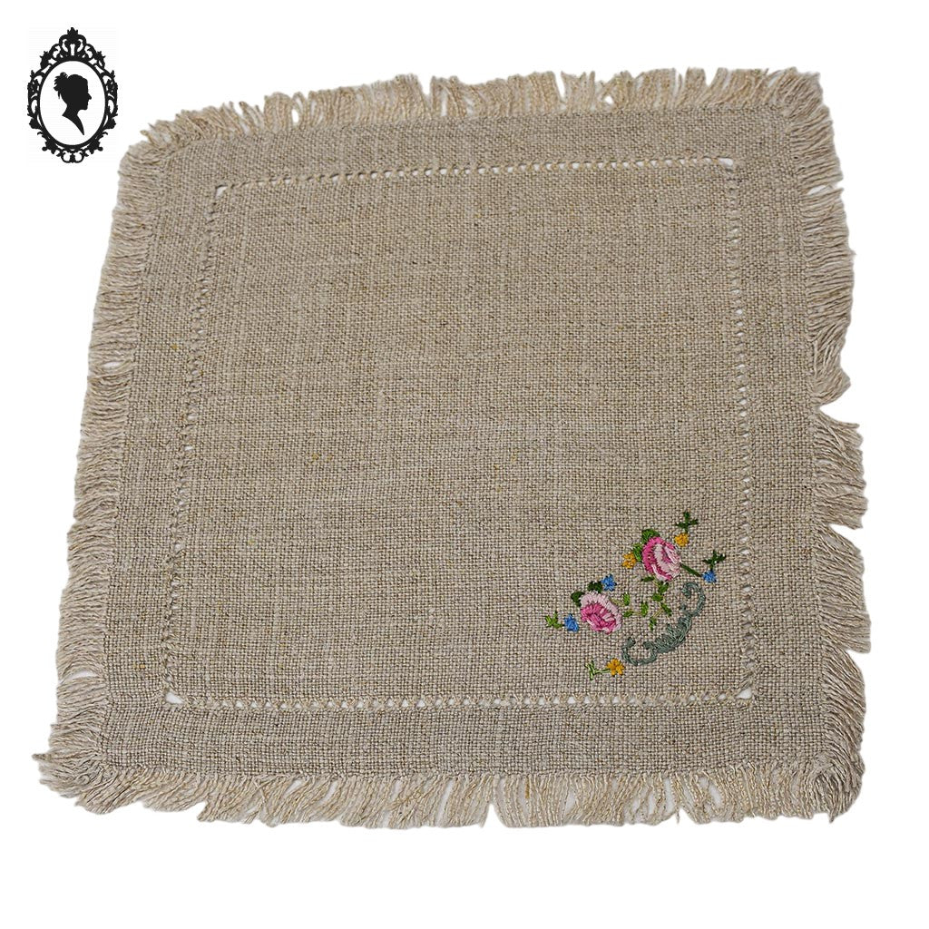Service nappe et 10 serviettes à thé café lin broderie bucolique fleurie vintage