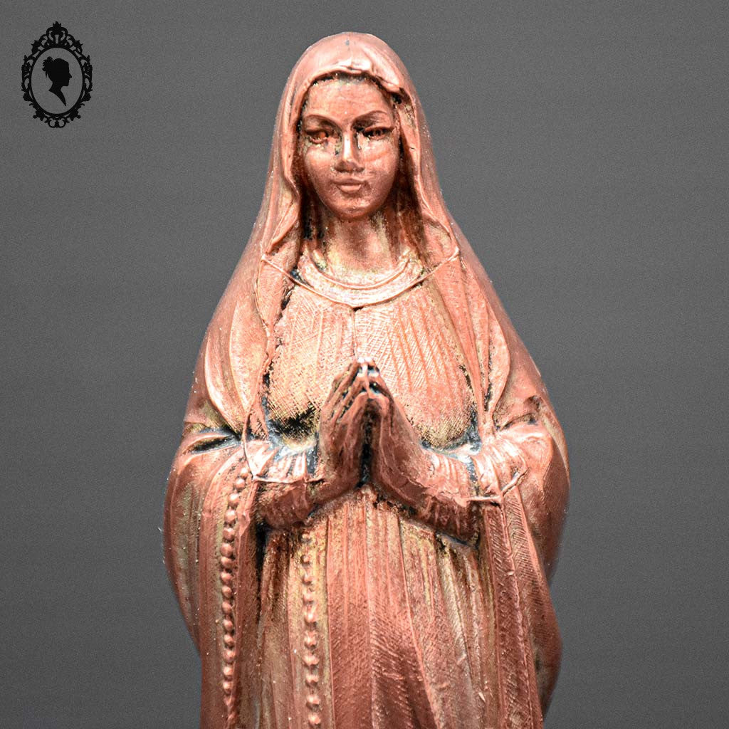 Statue Vierge Marie en métal orange objet religieux ancien vintage H 15 cm
