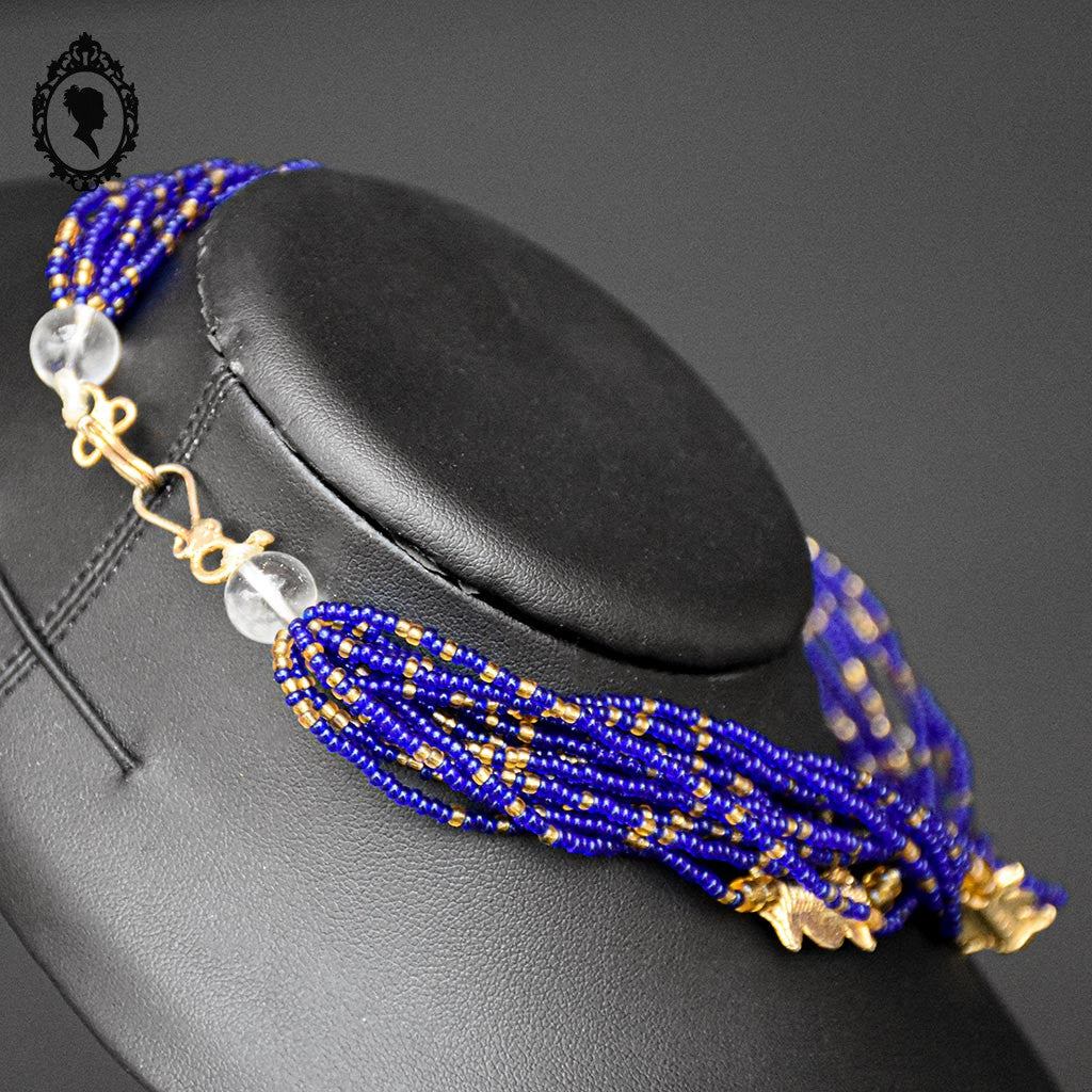 Superbe collier perles de rocaille coloré bleu doré 15 rangs vintage