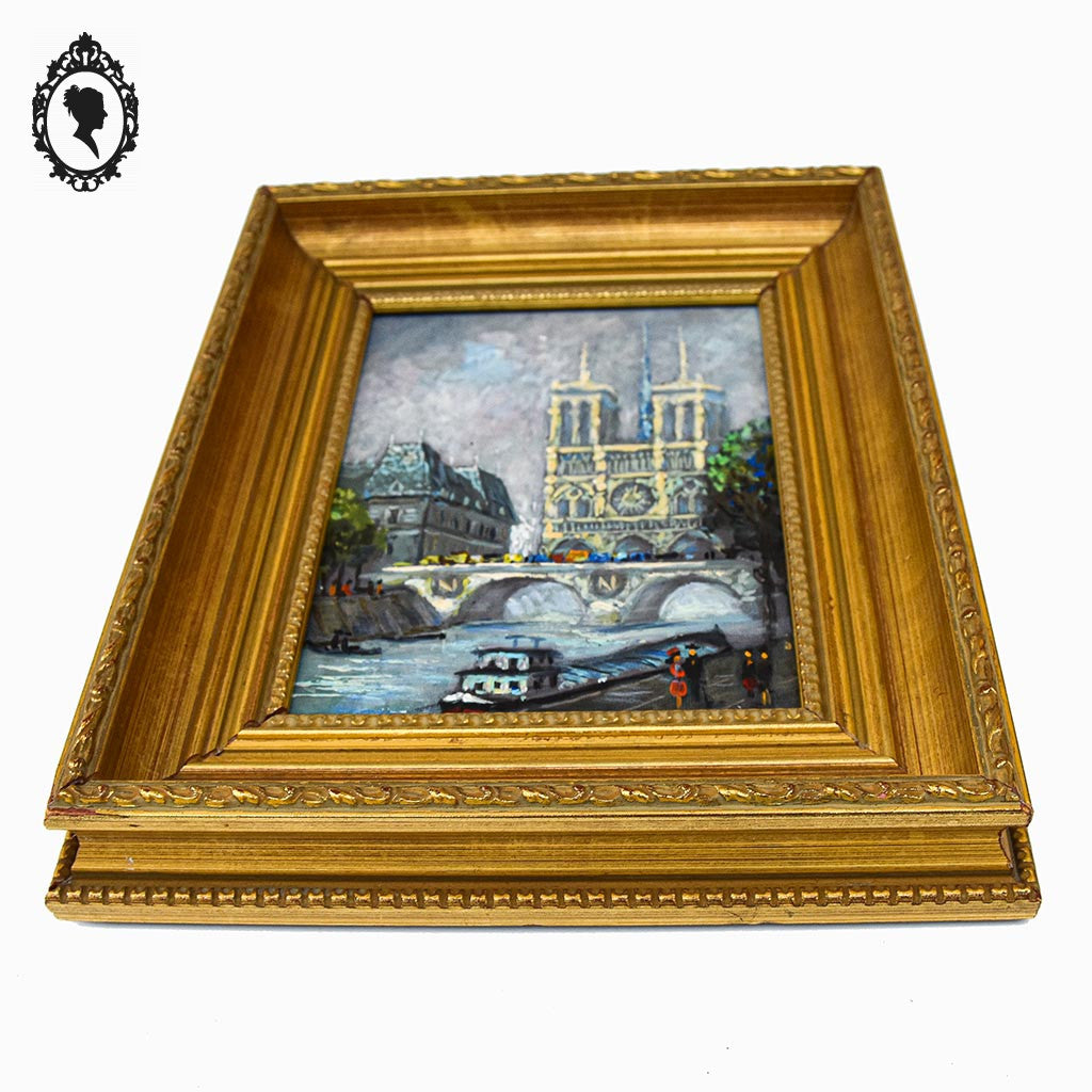 Tableau peinture à l’huile Notre Dame de Paris souvenir Montmartre 1983 18 x 14 cm