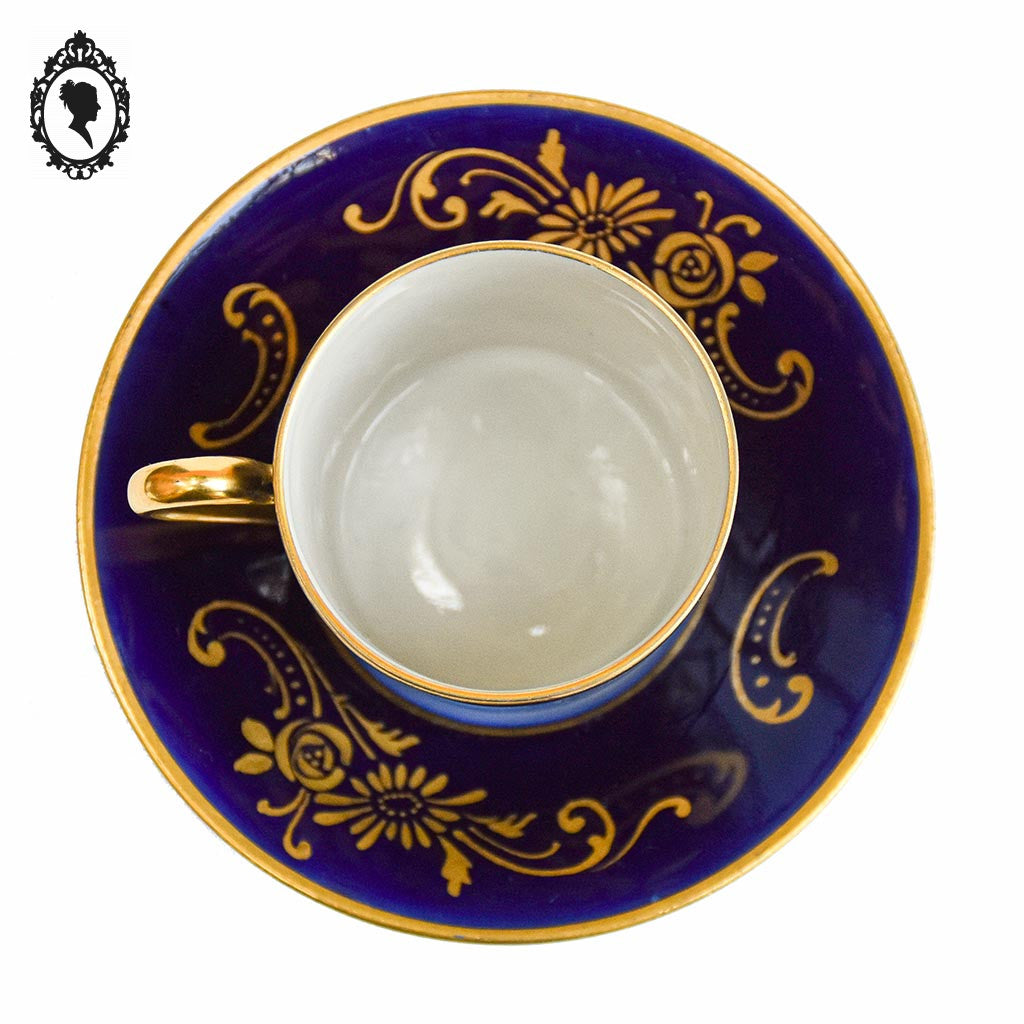 Tasse et sous tasse porcelaine bleu cobalt or Limoges