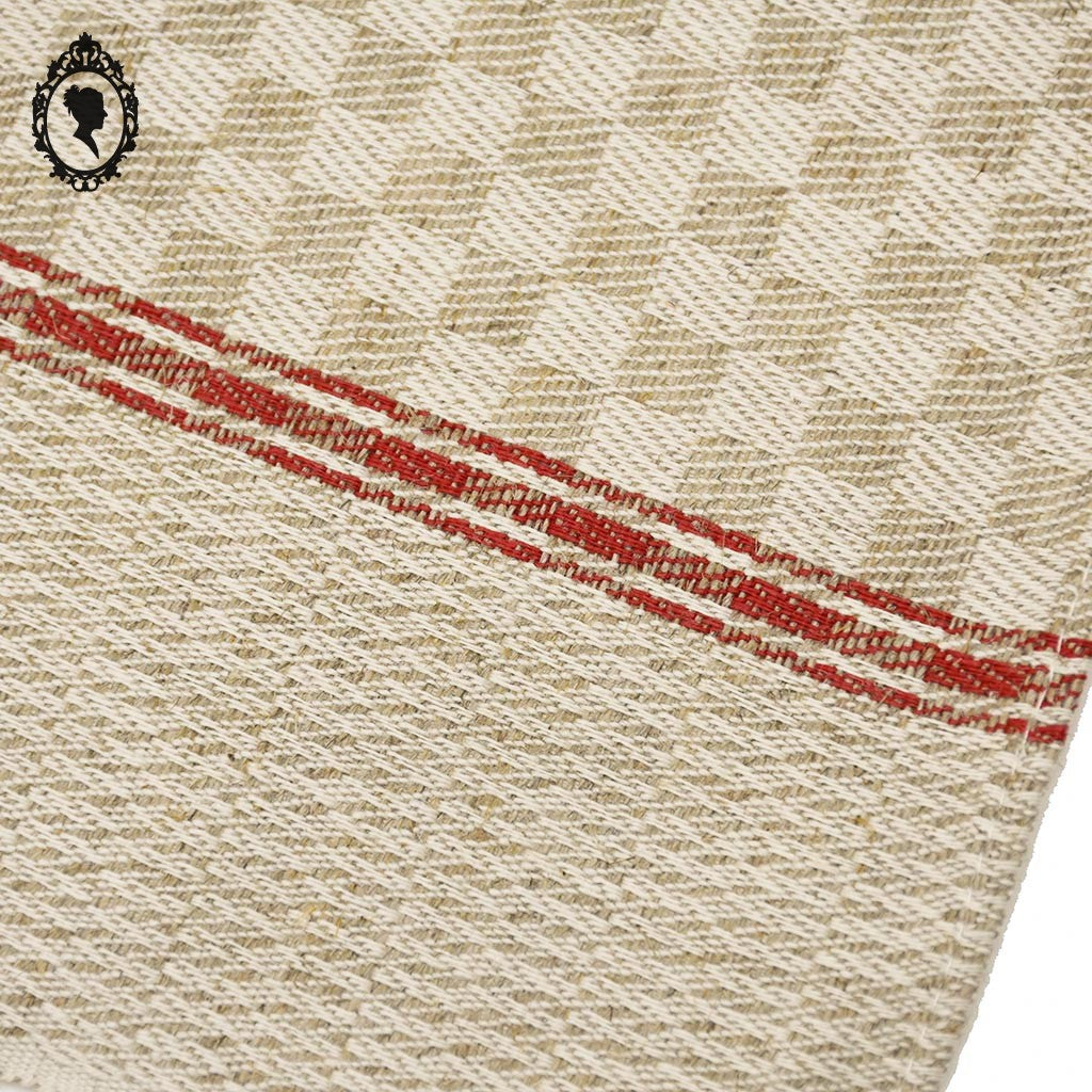 Torchon tramé pur fil de lin beige à liteau rouge ancien et Neuf