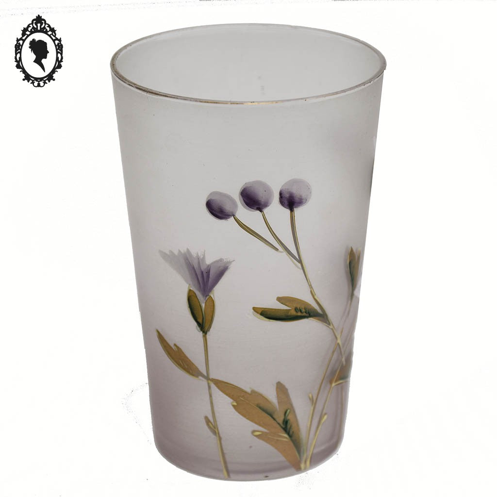 Très joli verre de collection violet parme décor fleuri émaillé ancien