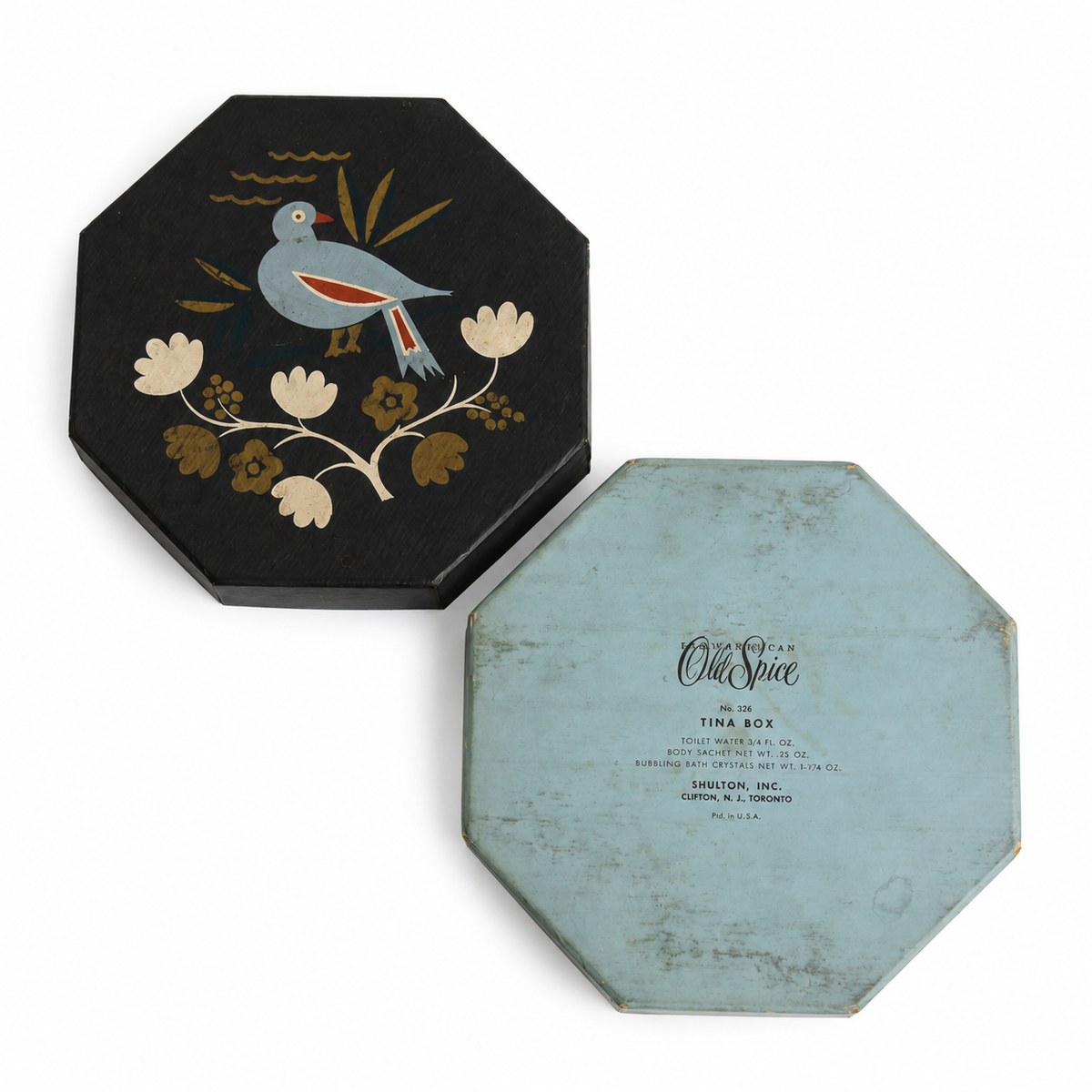 Boîte ancienne octogonale décor d’oiseau et de fleurs style art déco mais date de 1955