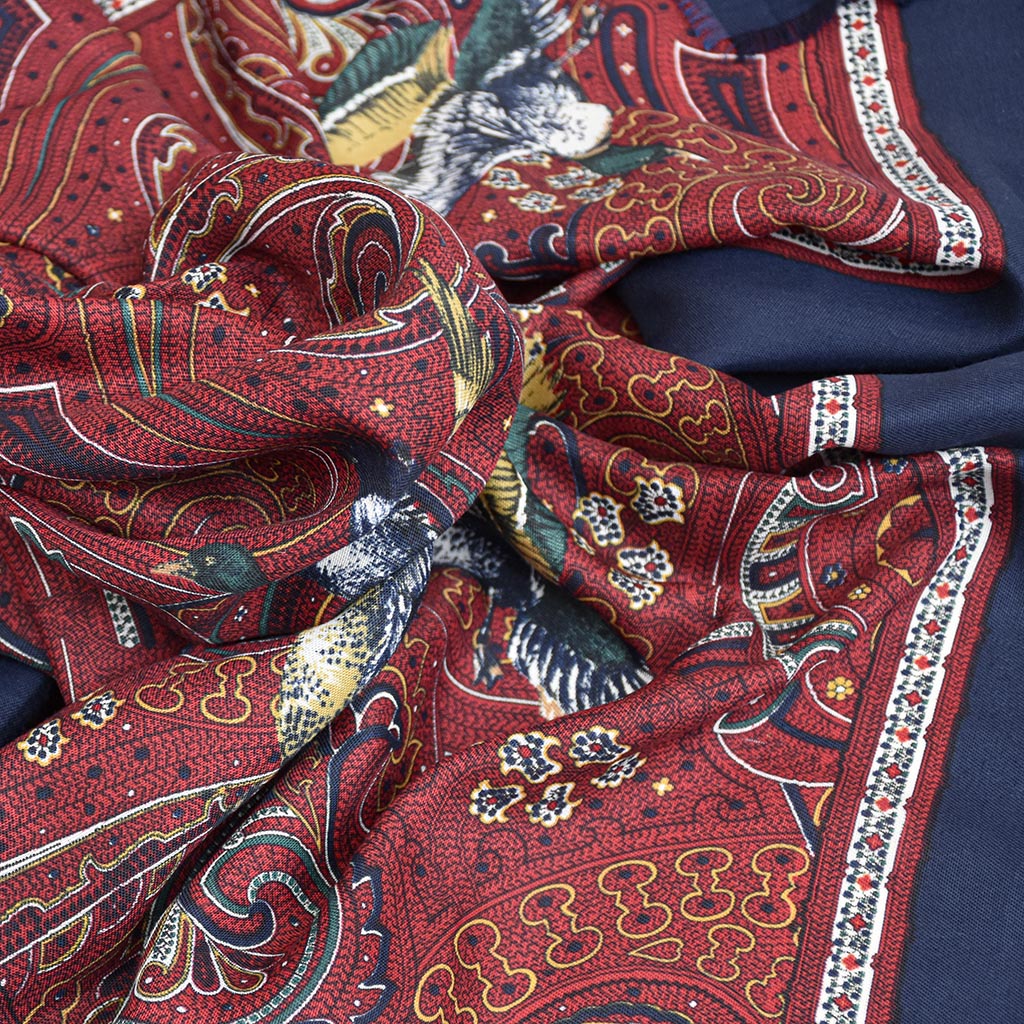 Foulard vintage Laura Mori bleu rouge bordeaux polyester made in Italie
