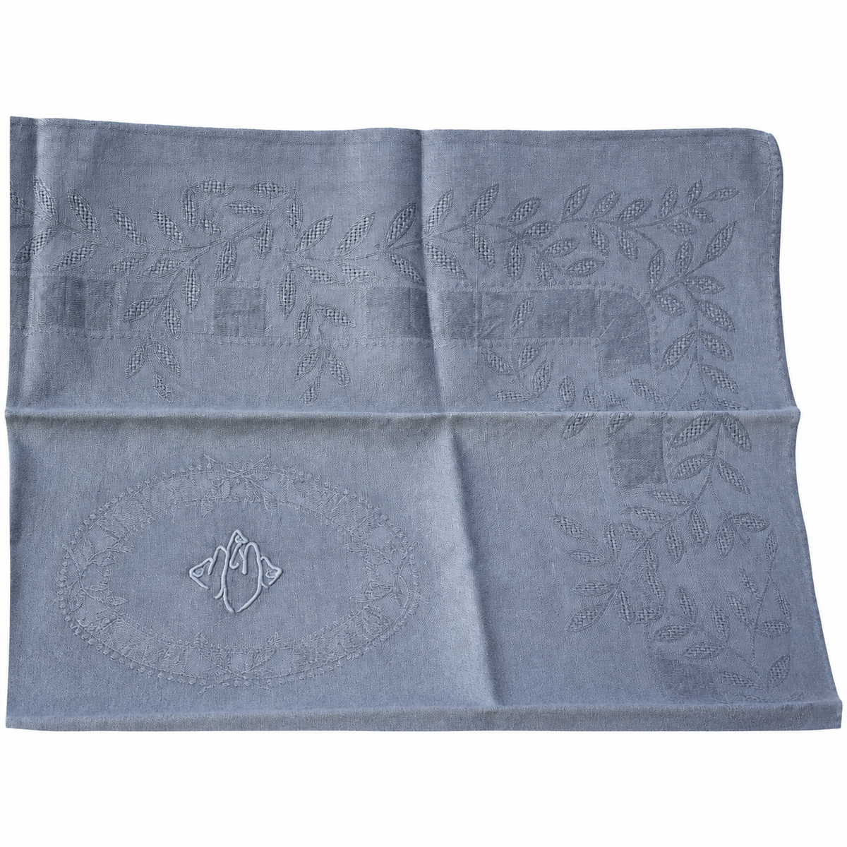 Lot de 12 grandes serviettes anciennes damassées teintes grise bleuté, monogramme brodé – 60 × 75 cm