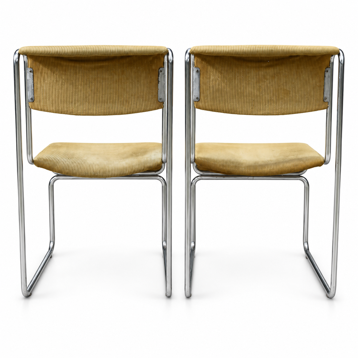 Paire de chaises traîneaux en velours côtelé ocre et métal tubulaire chromé vintage 1970