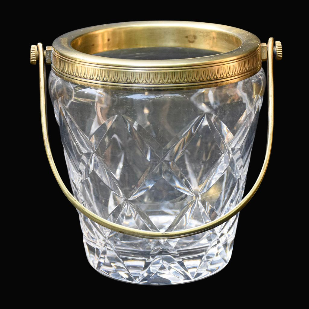 Petit seau à glaçons vintage en cristal ciselé et laiton doré avec anse