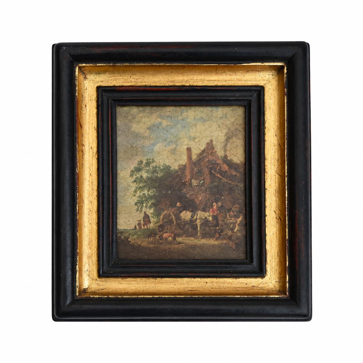 Petit tableau scène d’auberge – Cadre noir et doré bois vintage, style Napoléon III