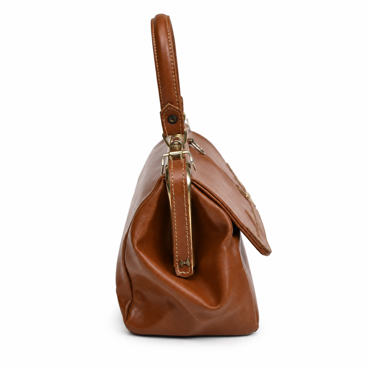 Sac à main vintage en cuir cognac à fermoir métallique et poches frontales