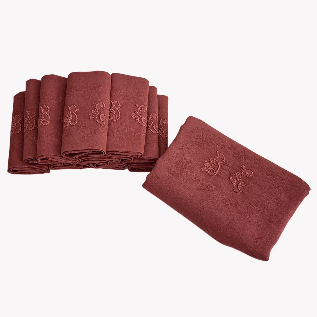 Service de table ancien damassé terracotta – Nappe et 10 serviettes monogrammes BG coton et lin