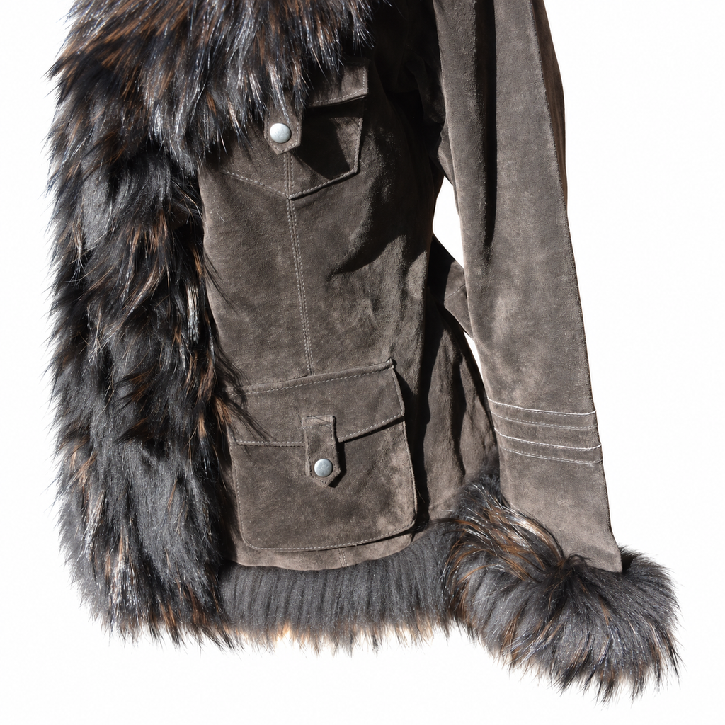 Superbe veste Oakwood en daim cuir marron et fourrure cintrée et ceinturée taille S