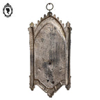 Bénitier en métal régule gris vierge Marie Lourdes vintage ancien
