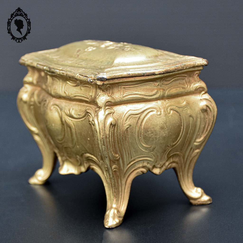 Boite ou coffret à bijoux métal forme commode bombée dorée ancienne
