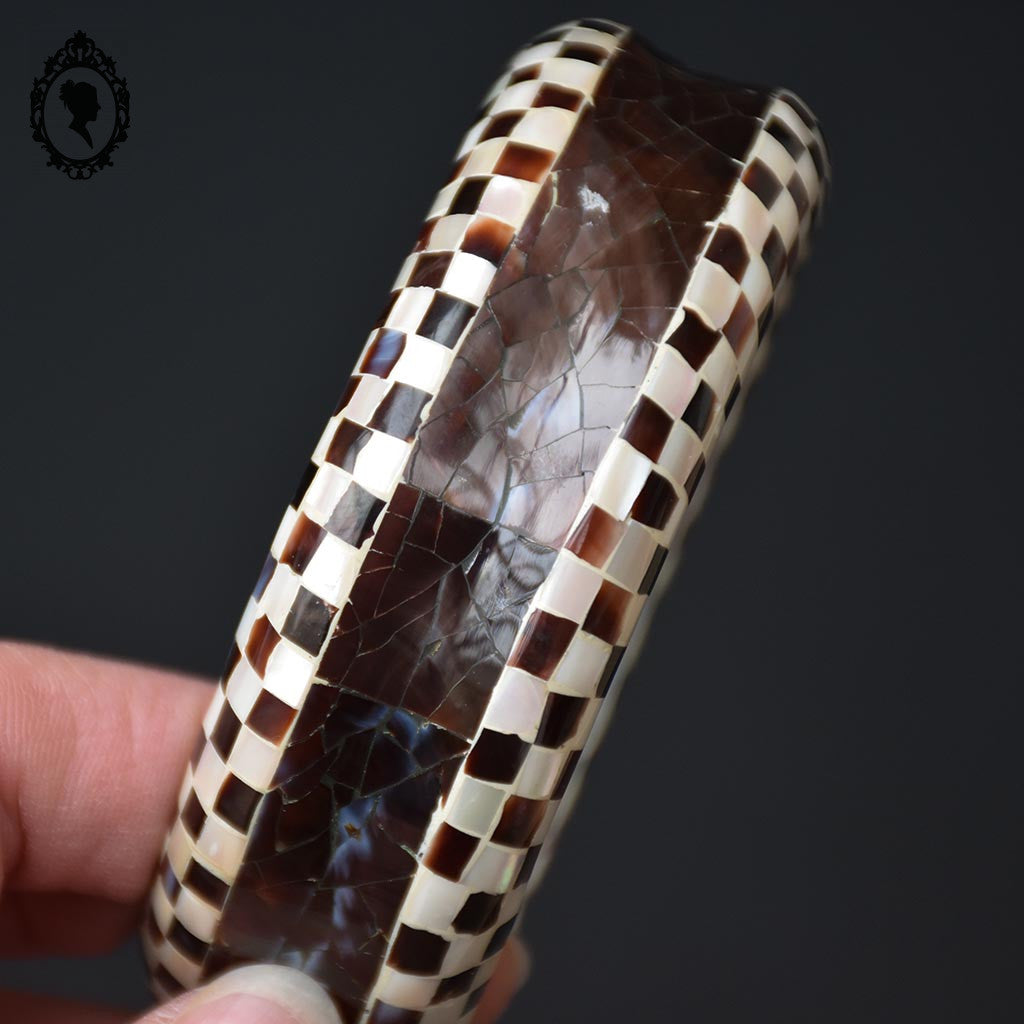 Bracelet jonc damier nacre marron beige vintage