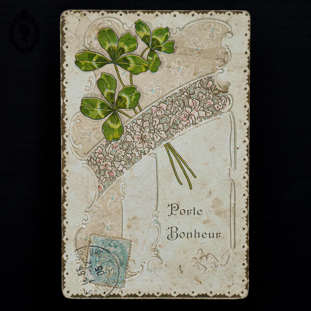Cadre doré « Porte Bonheur » carte postale entre 2 verres Art Nouveau