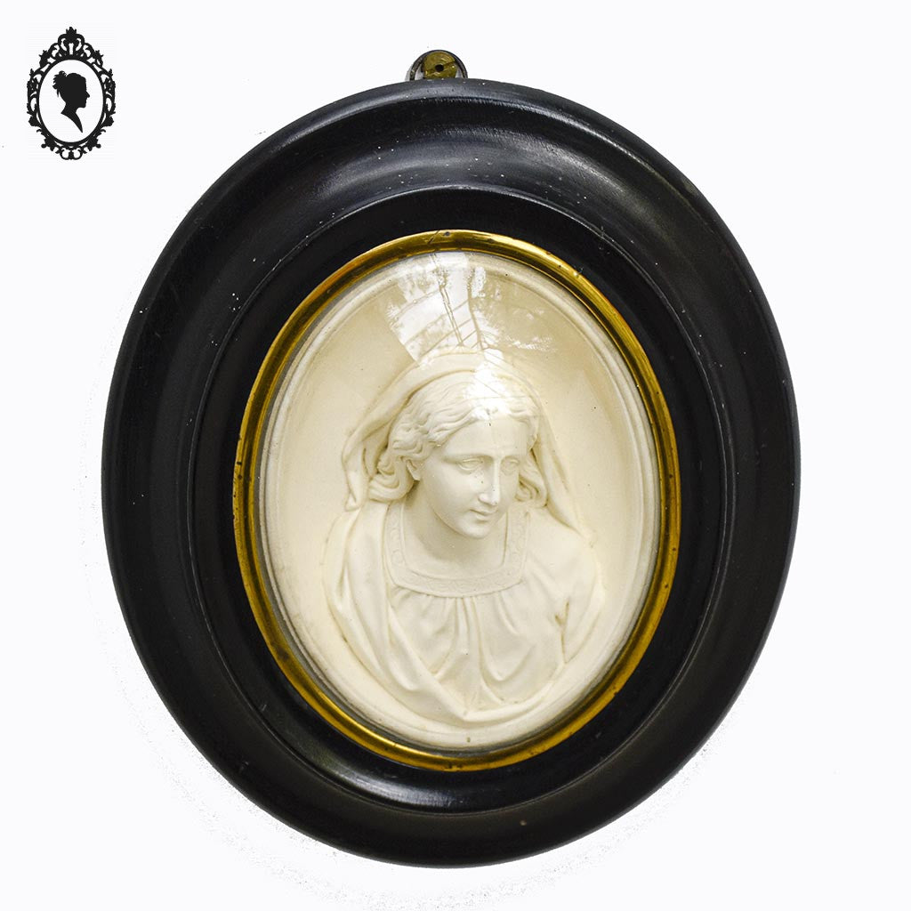 Cadre ovale noir verre bombé avec le buste de la vierge Marie reliquaire ancien