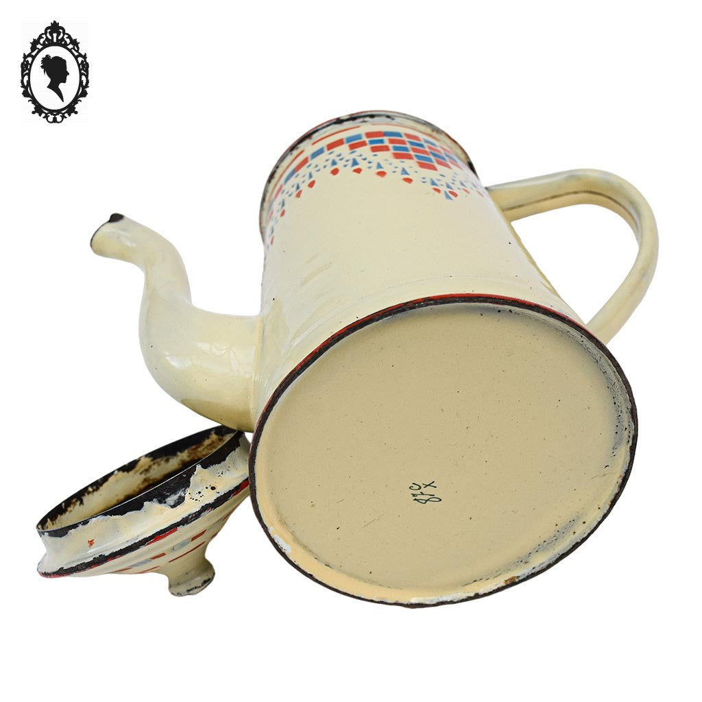 Cafetière émaillée ancienne beige bleu rouge orangé style Lustucru objet de cuisine vintage