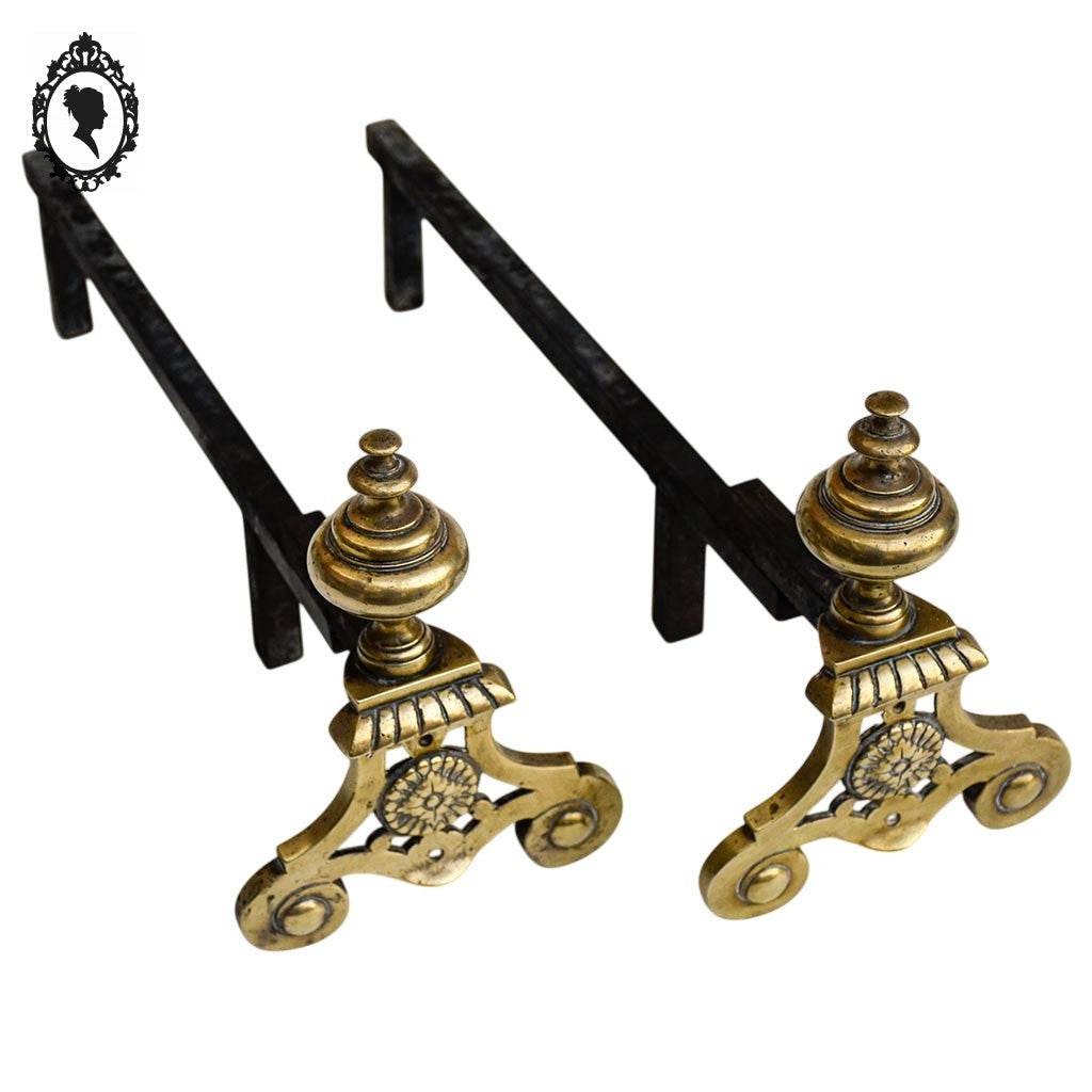 Chenets longs en bronze doré boule arabesques arrondies accessoire de cheminée ancien