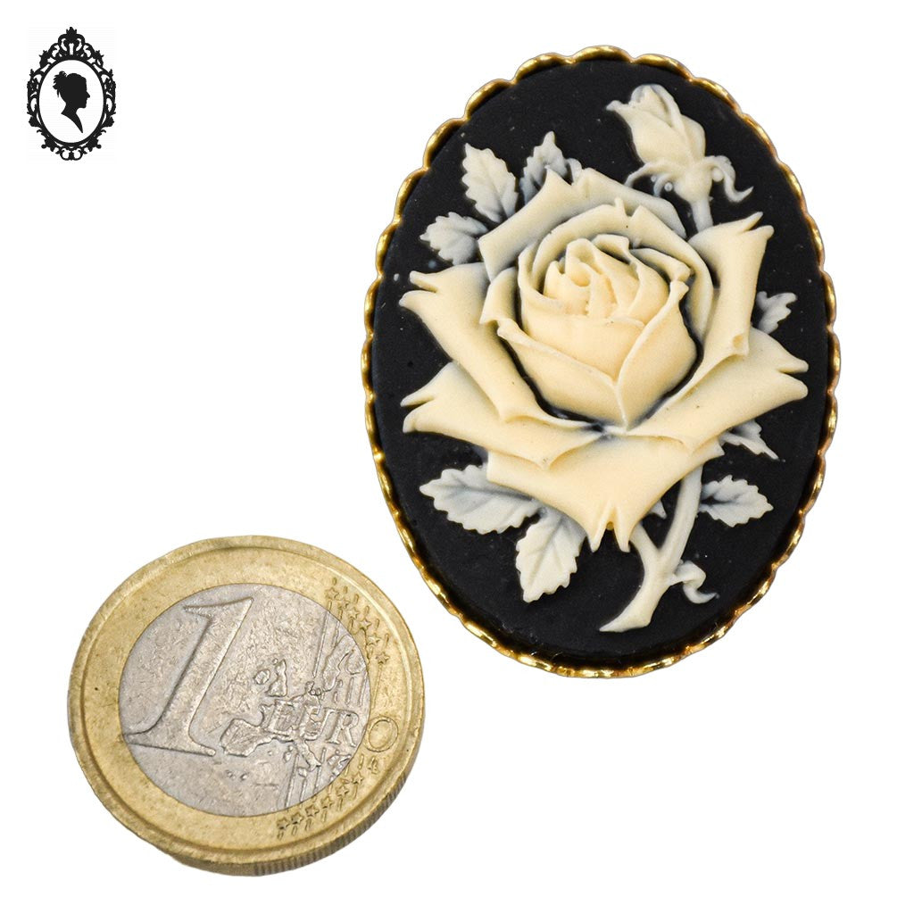 Chic broche attache à foulard camée fleurie noir beige sur métal doré bijou fantaisie
