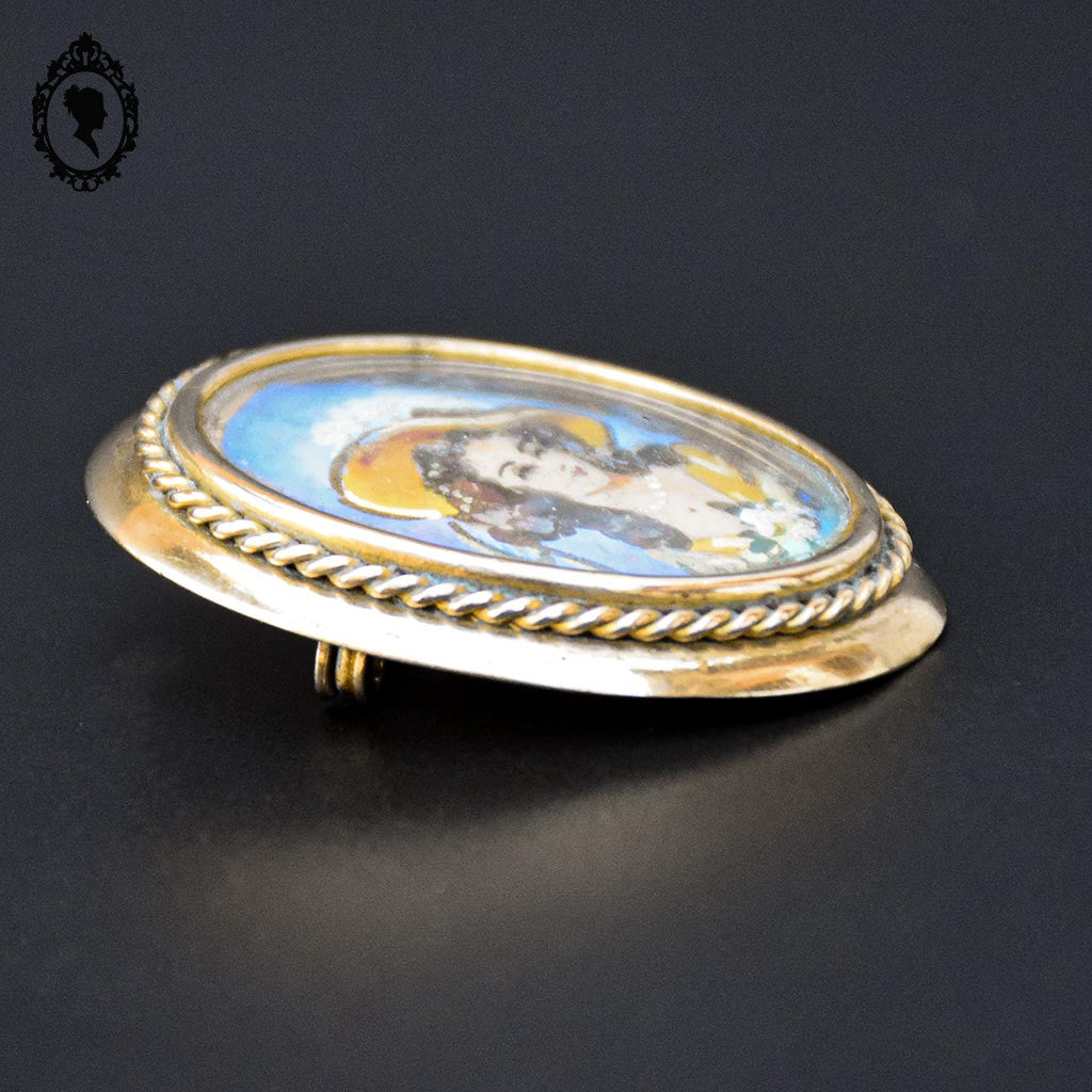 Chic broche peinture ovale portrait signée RC et laiton doré bijoux ancien vintage