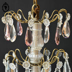 Chic lustre à pampilles bronze doré 6 feux enfilage verre ancien