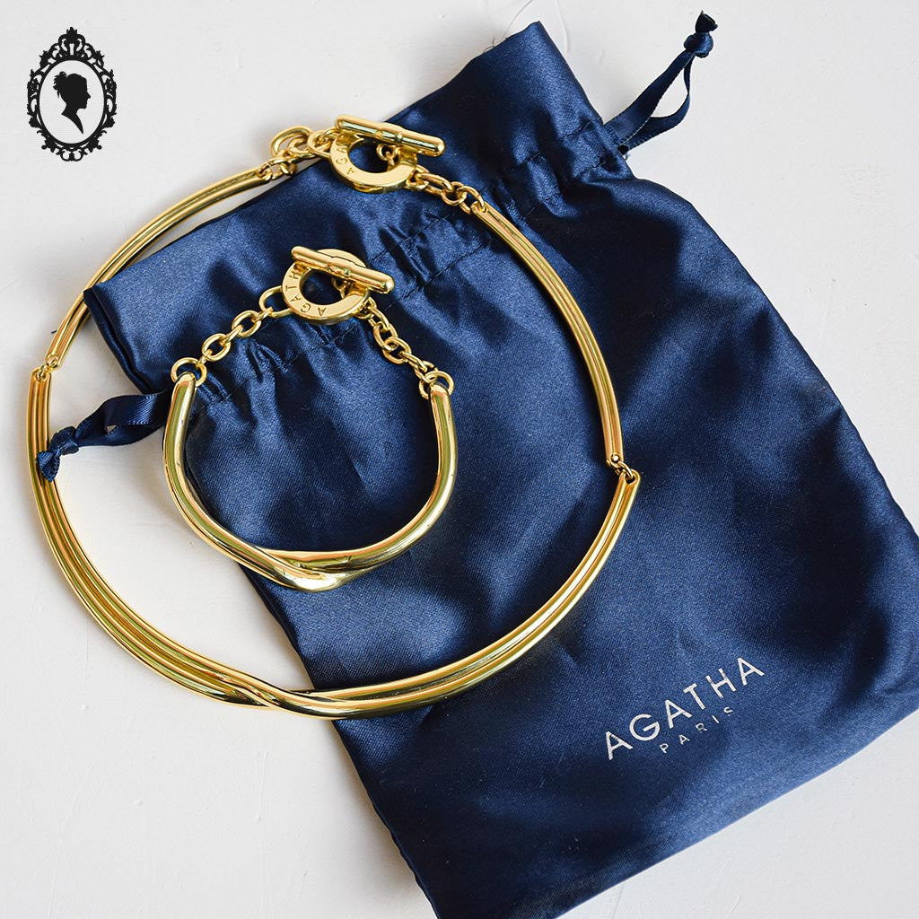 Chic parure collier bracelet métal doré Agatha vintage