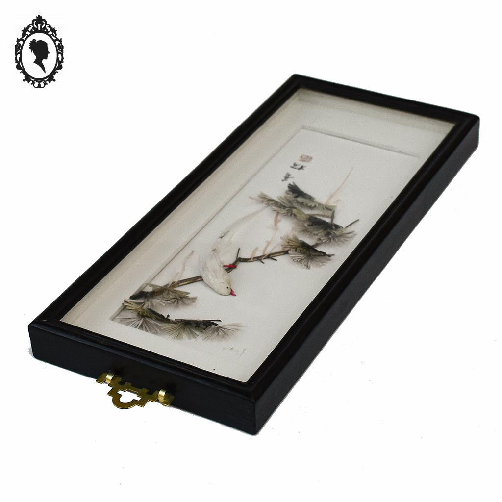 Chic tableau cadre à relief chinois asiatique blanc gris noir oiseau plume vintage