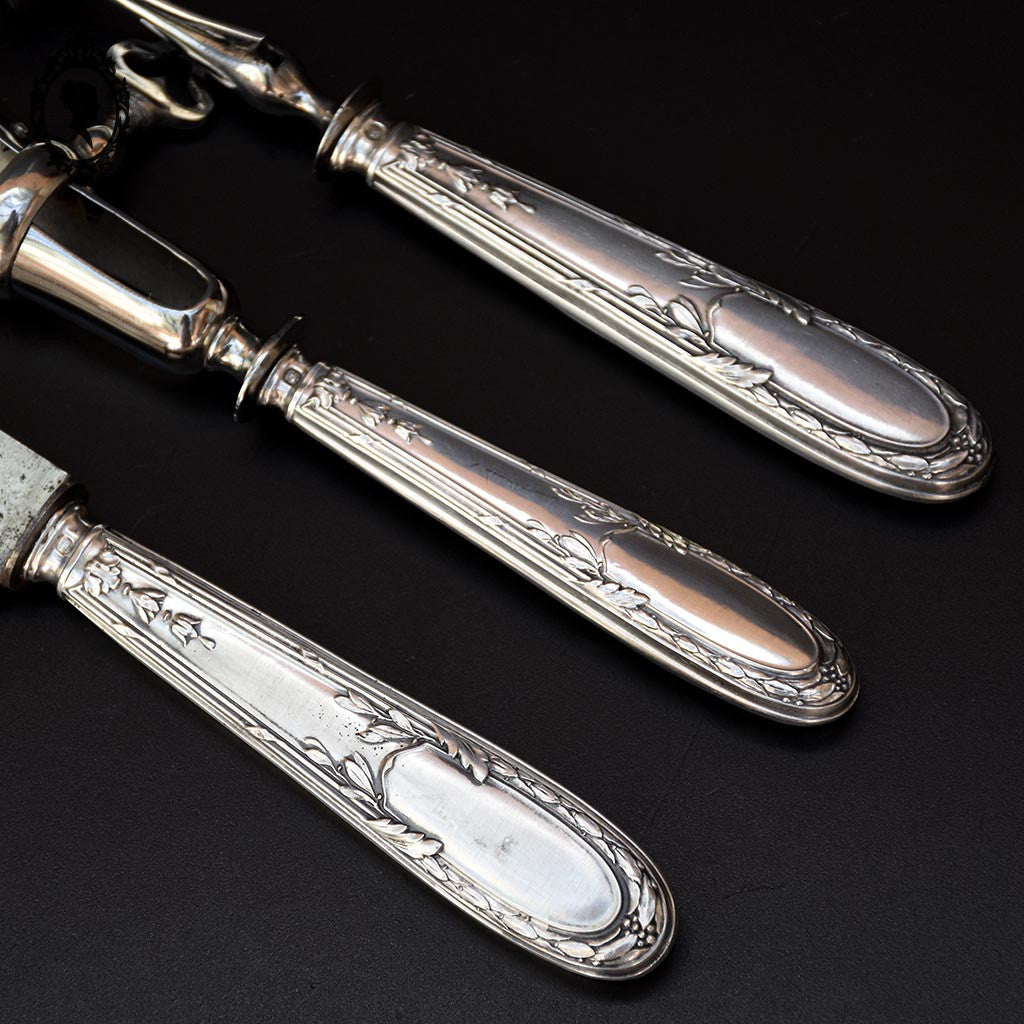 Coffret 3 couverts service complet à découper gigot argent fourré décor Louis XV ancien XIX ième