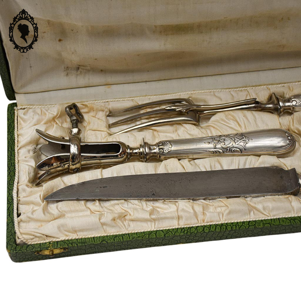 Coffret 3 couverts service complet à découper gigot métal argent décor Louis XV ancien XIX ième
