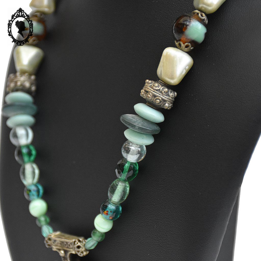 Collier berbère croix du sud métal perles bleu vert vintage ancien