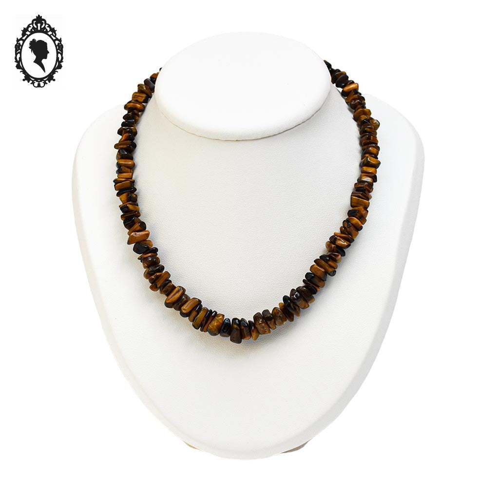 Collier marron en pierre protectrice œil de tigre chips vintage