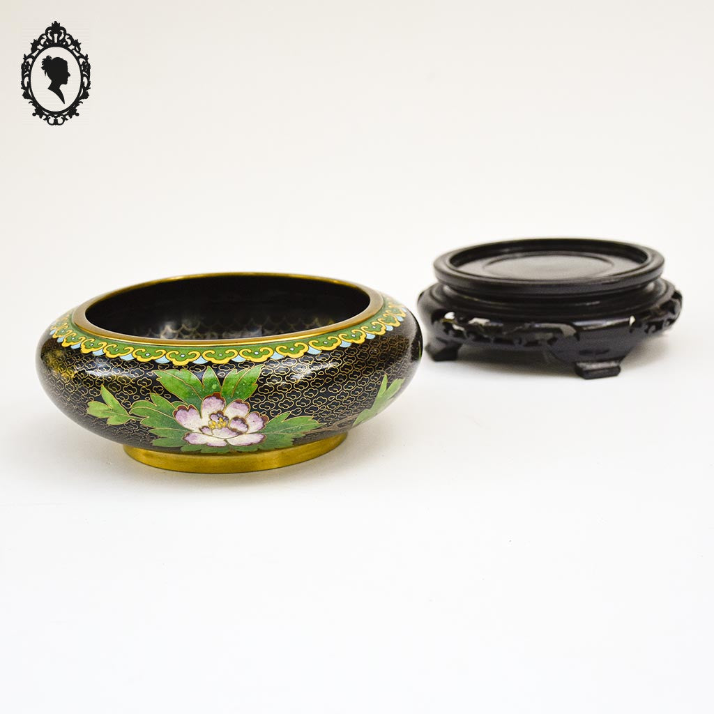 Coupe chinoise en email émaux cloisonnés noir laiton D 18 cm vintage