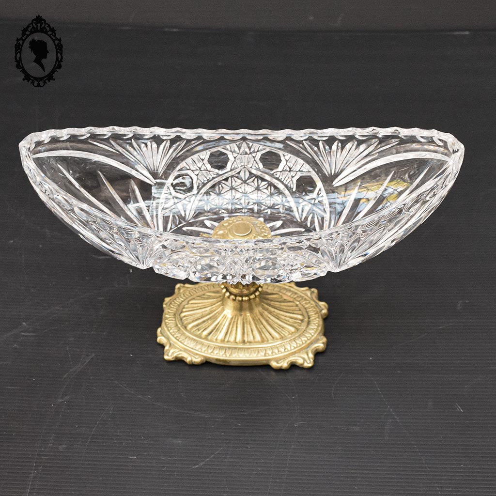 Coupelle sur pied serviteur plat coupe ovale piédouche en cristal et laiton H 15 L 31 cm
