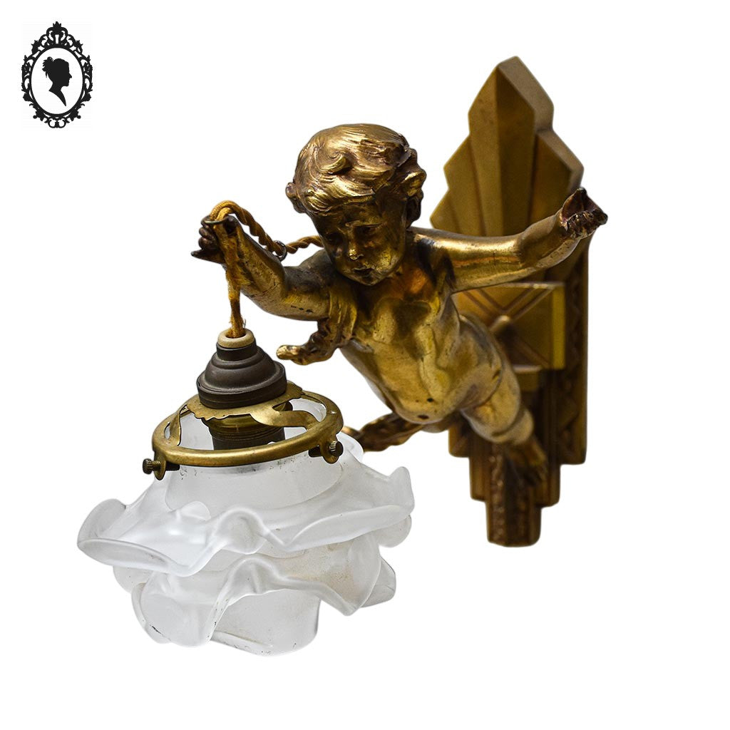 Deux appliques murales à 1 lampe ange chérubin bronze doré et pâte de verre Art déco