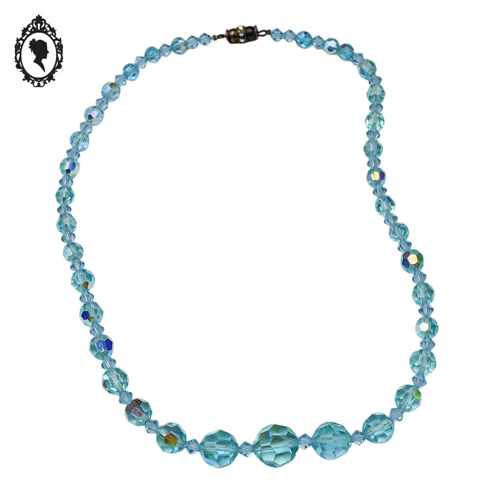 Élégant collier en cristal aurore boréale AB bleu en cascade bijou ancien vintage