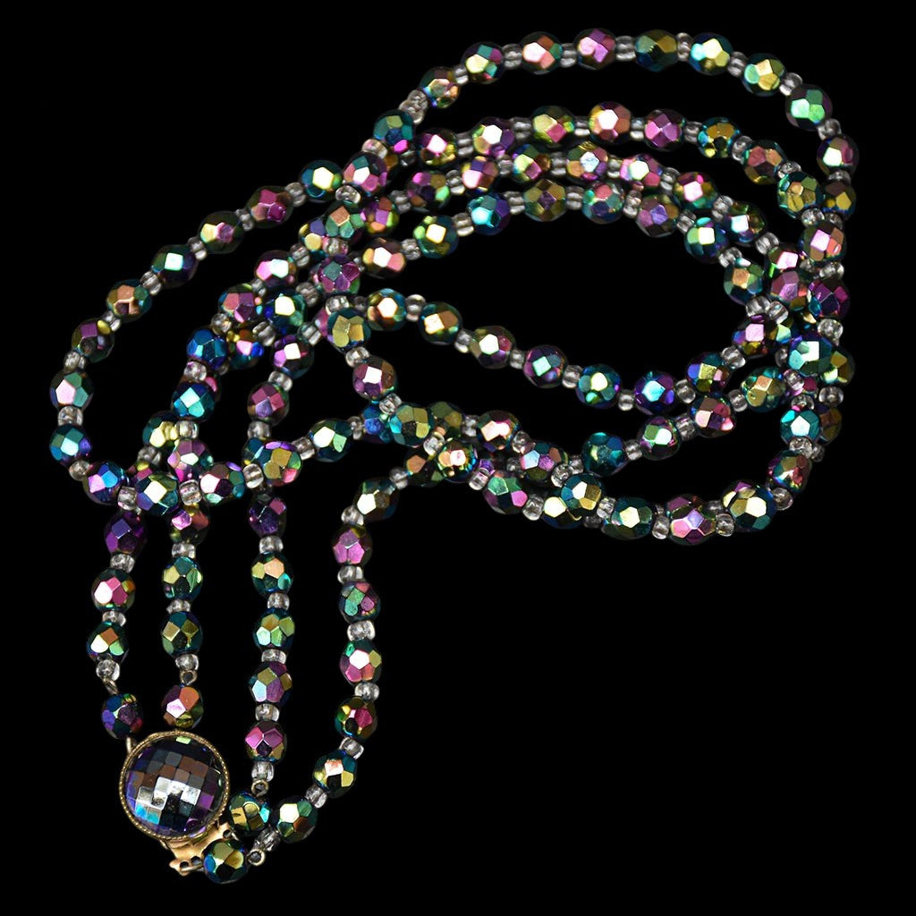 Élégant collier en cristal aurore boréale noir 2 rangs bijou ancien vintage