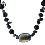 Élégant collier perles de verre Murano et pierre obsidienne noire et grise vintage