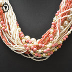 Élégant collier rose saumon beige multi rangs bijou fantaisie vintage